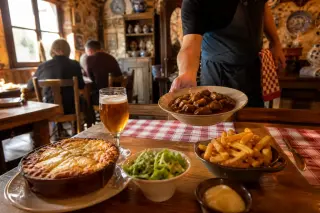 Salle d’estaminet typique à Lille avec des tables en bois, objets anciens accrochés aux murs et assiettes de spécialités flamandes comme la carbonnade et la flamiche, lumière chaleureuse et ambiance conviviale.