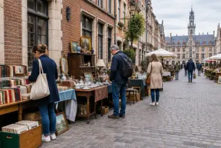 Visiteurs explorant calmement des stands de brocante dans une rue du centre de Lille lors de la Braderie.